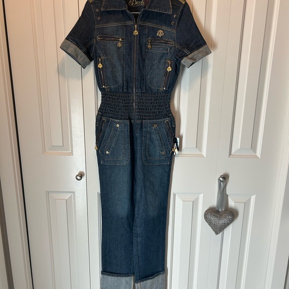 House of Dereon Beyoncé retro 70’s Denim Jumpsuit with Gold Accents - Picture 1 of 11